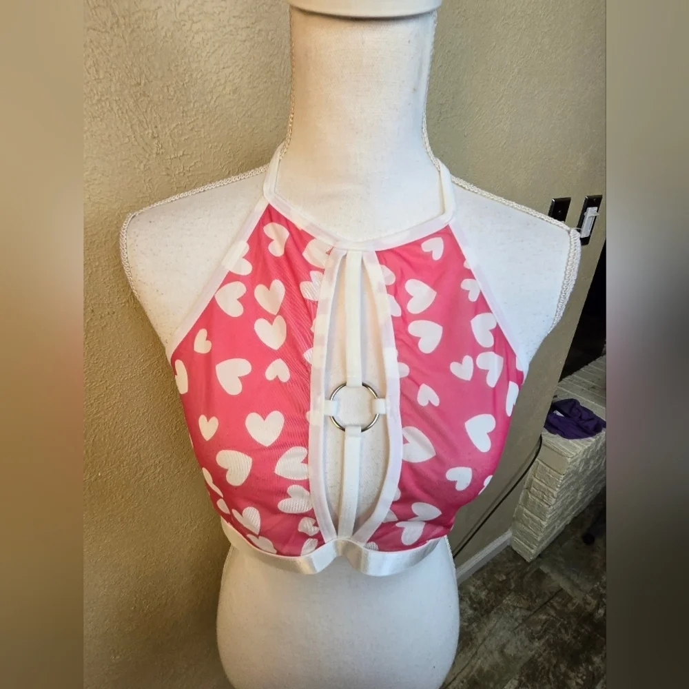 White Hearts On Pink Halter Bra Set 1XL (5520) - Picture 3 of 7